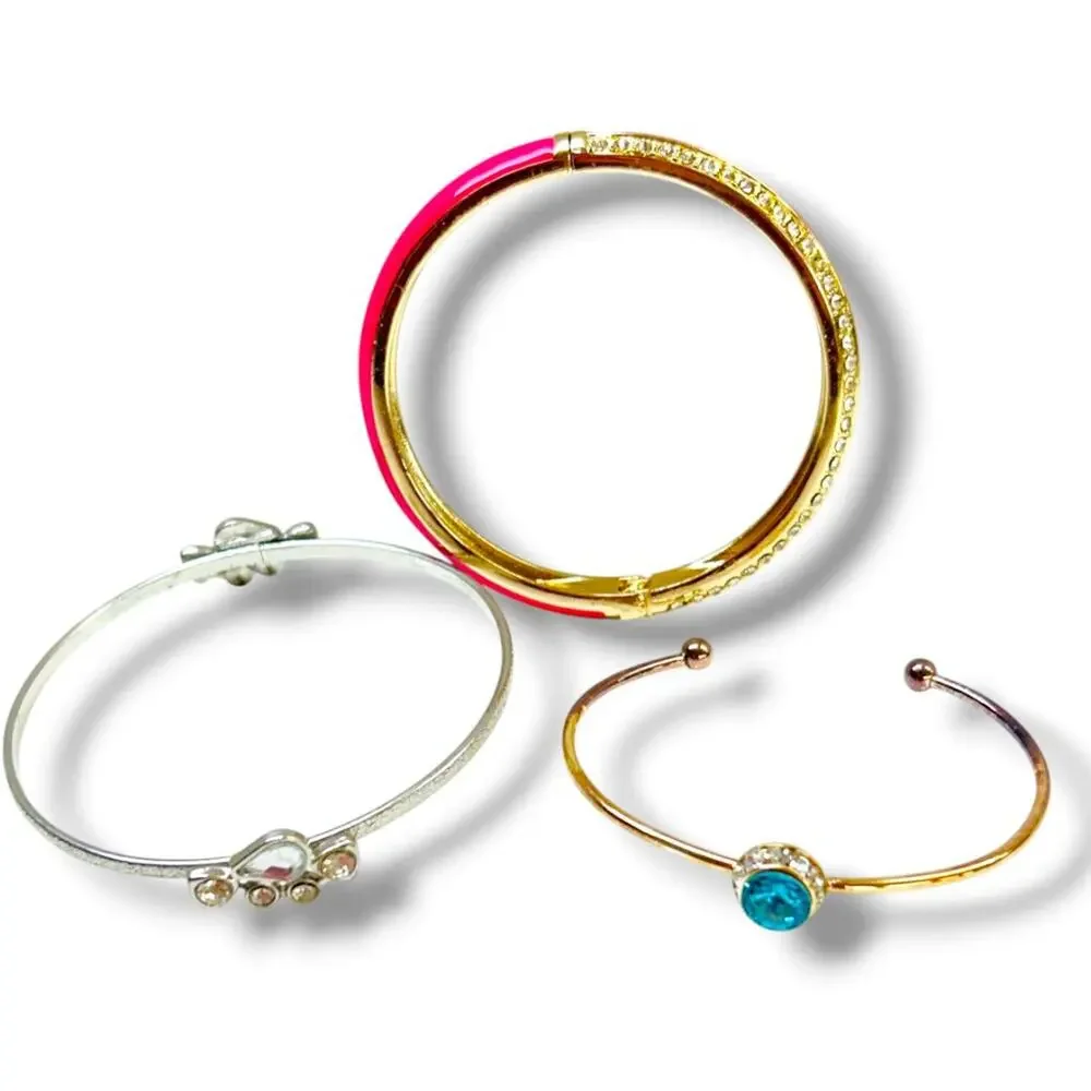 Lot of 3 Assorted Bangle Bracelets Hot Pink Silvertone Goldtone